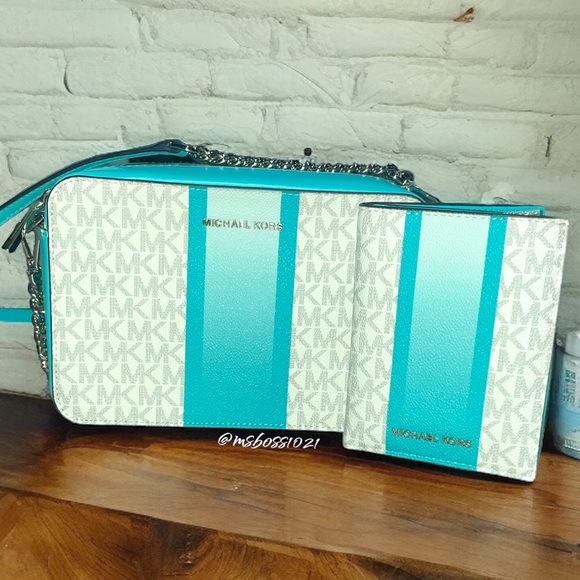 Michael Kors Ombré Center Stripe Crossbody + Passport Wallet in Ocean Blue Multi - Picture 1 of 15
